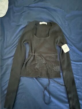 Long Sleeve Black Ribbed Crop Top with Tie Waist